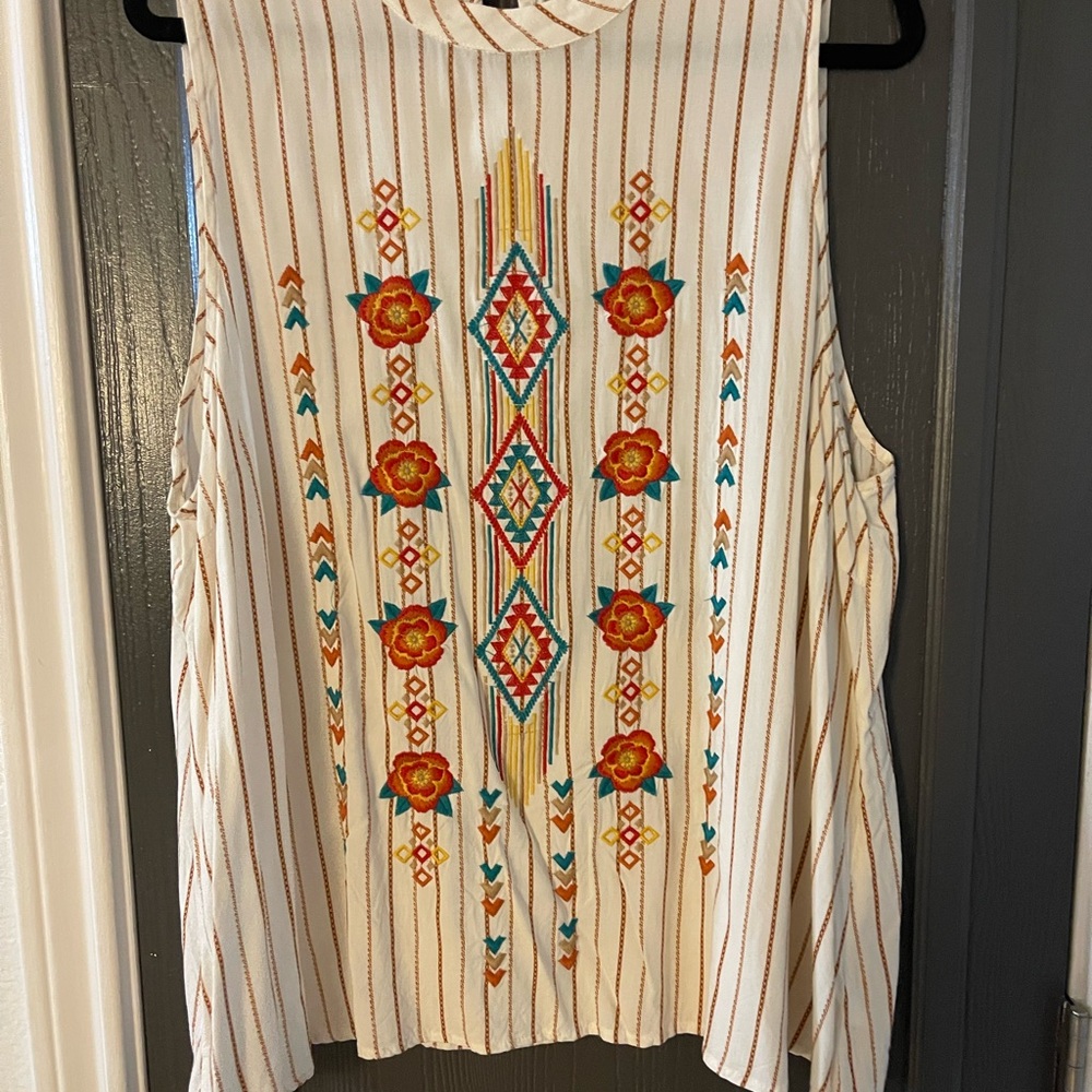 Savanna Jane Embroidered Sleeveless Blouse - Cream with Red and Blue Accents
